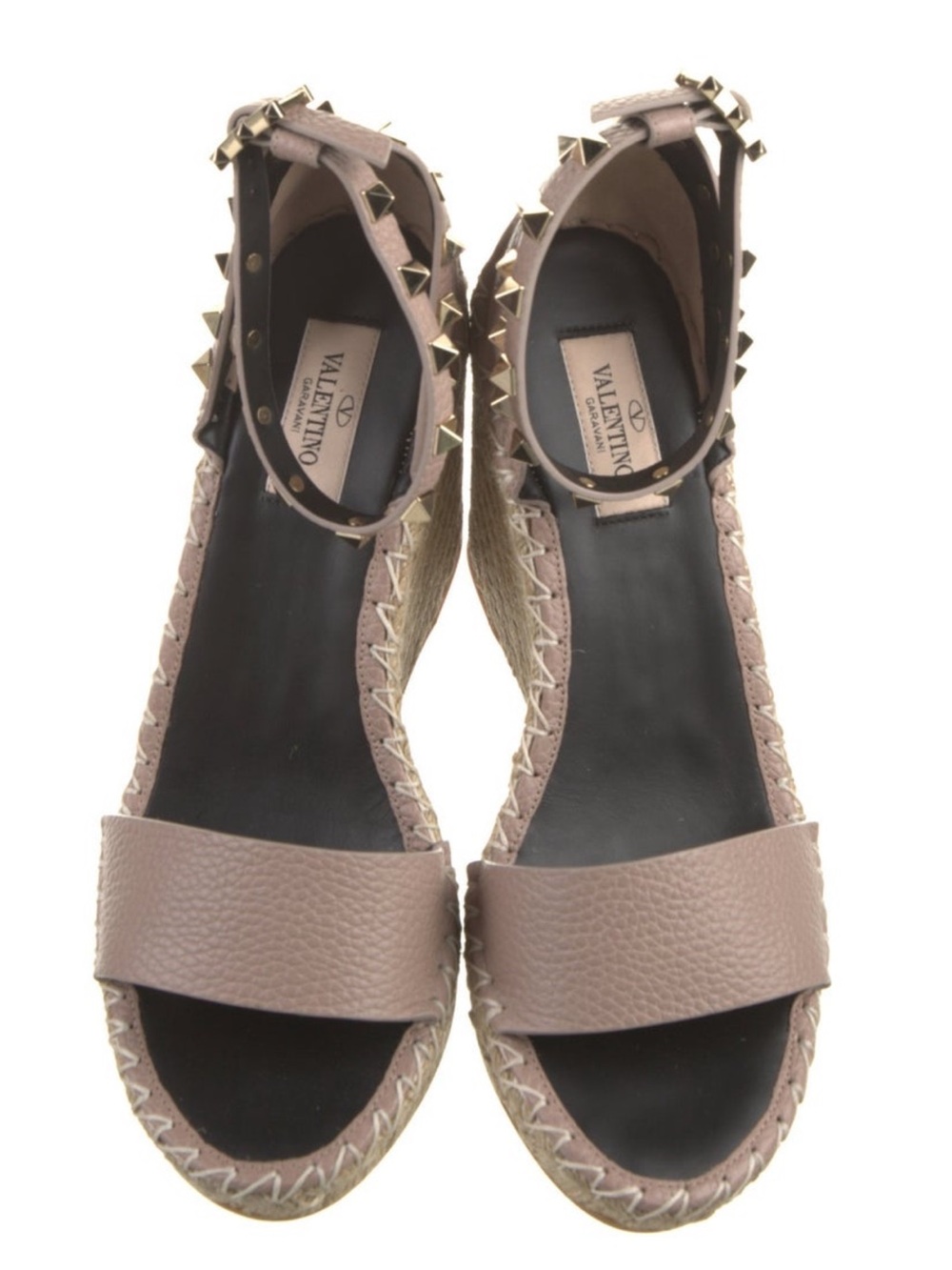 Valentino Taupe Leather Rockstud Espadrille Wedge Sandals - Picture 3 of 5